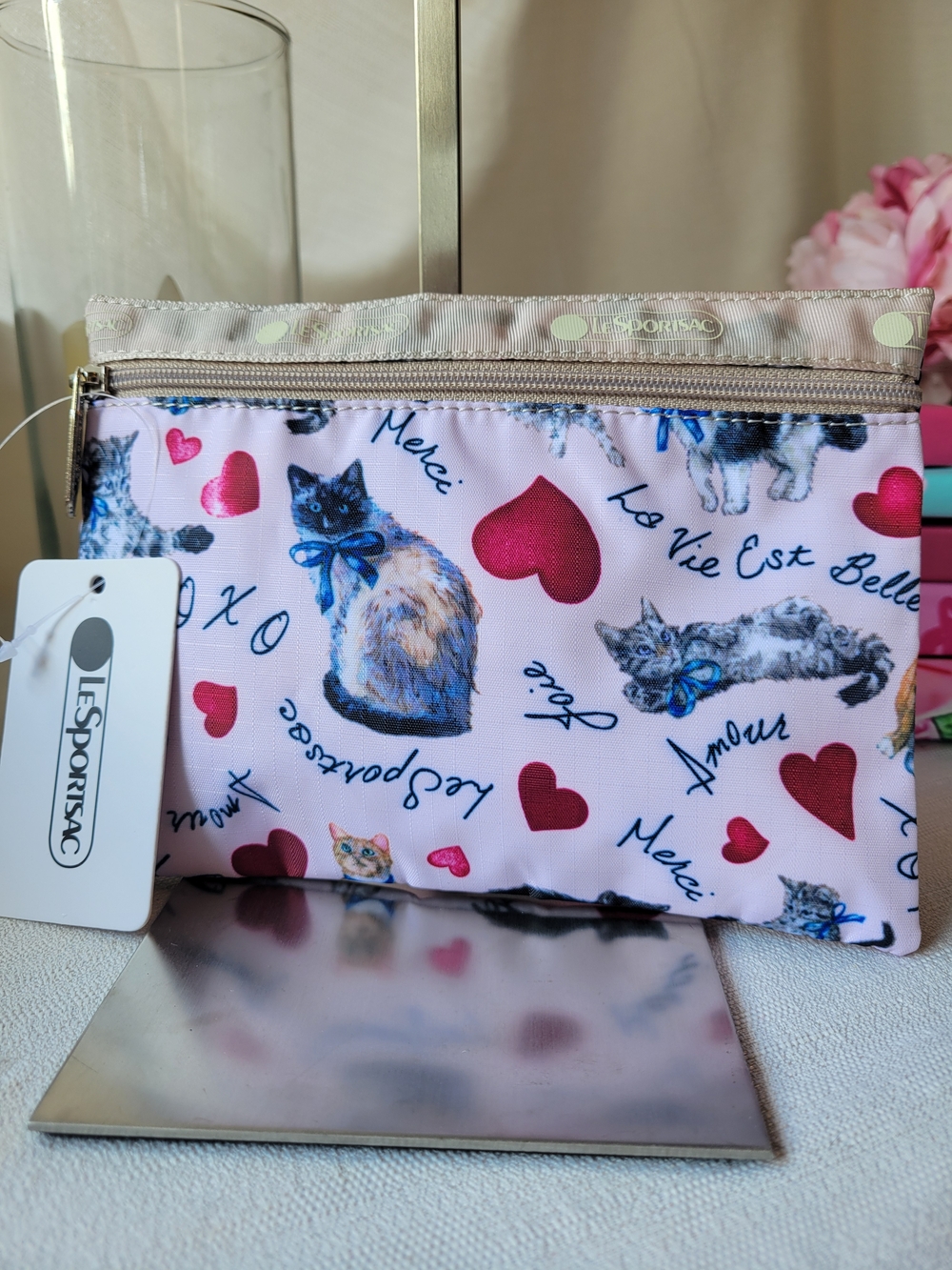 Lesportsac Pink Cat Print Pouch